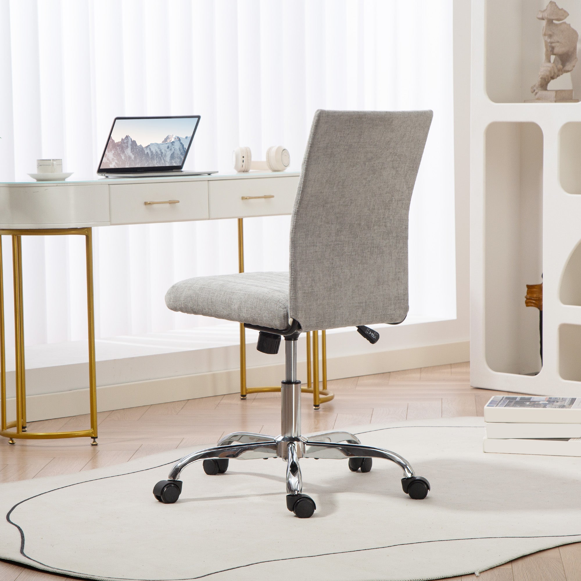 Armless Office Chair with Adjustable Height and Swivel Seat, Fabric Upholstery, Grey