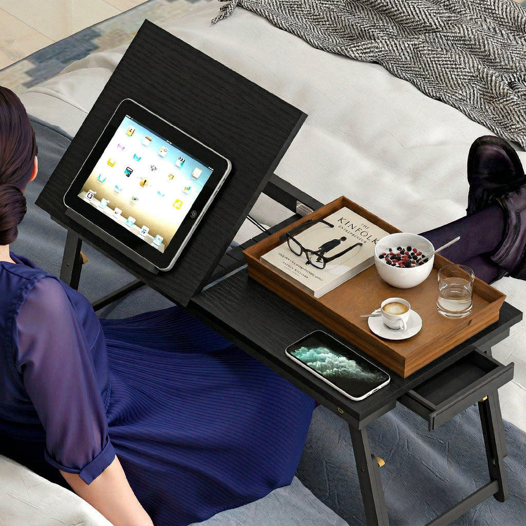 HOMCOM Tilting and Adjustable Monitor Stand with Side Drawer, Wooden, 83.5x33x23.5-34 cm, Black