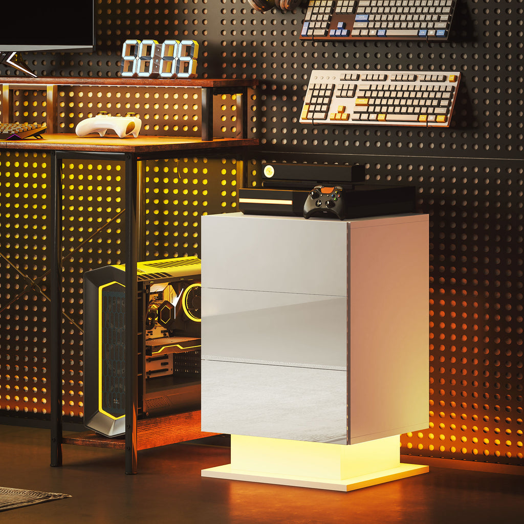Modern Bedside Table with Adjustable LED Light with Remote Control and 3 Drawers, 40x35x60 cm, Glossy White