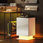 Modern Bedside Table with Adjustable LED Light with Remote Control and 3 Drawers, 40x35x60 cm, Glossy White