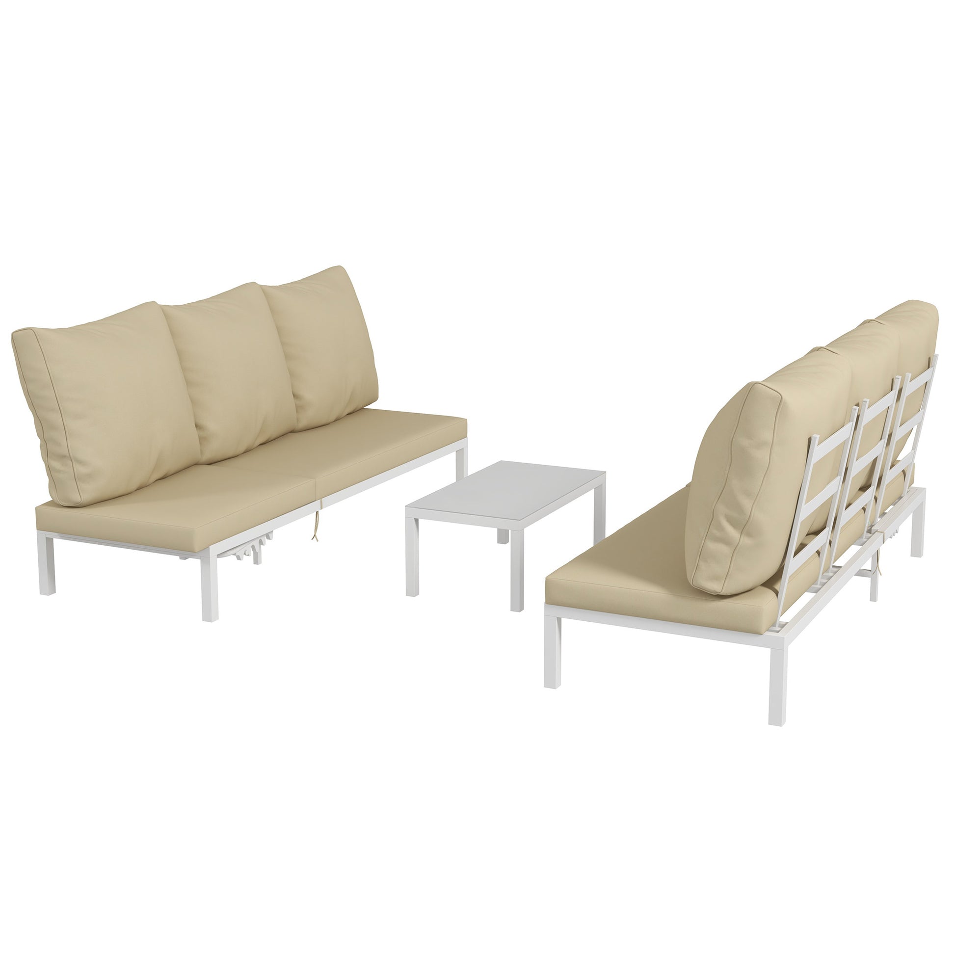 Set of 2 Sun Loungers with Adjustable Backrest and Glass Garden Table, Beige - Borgè