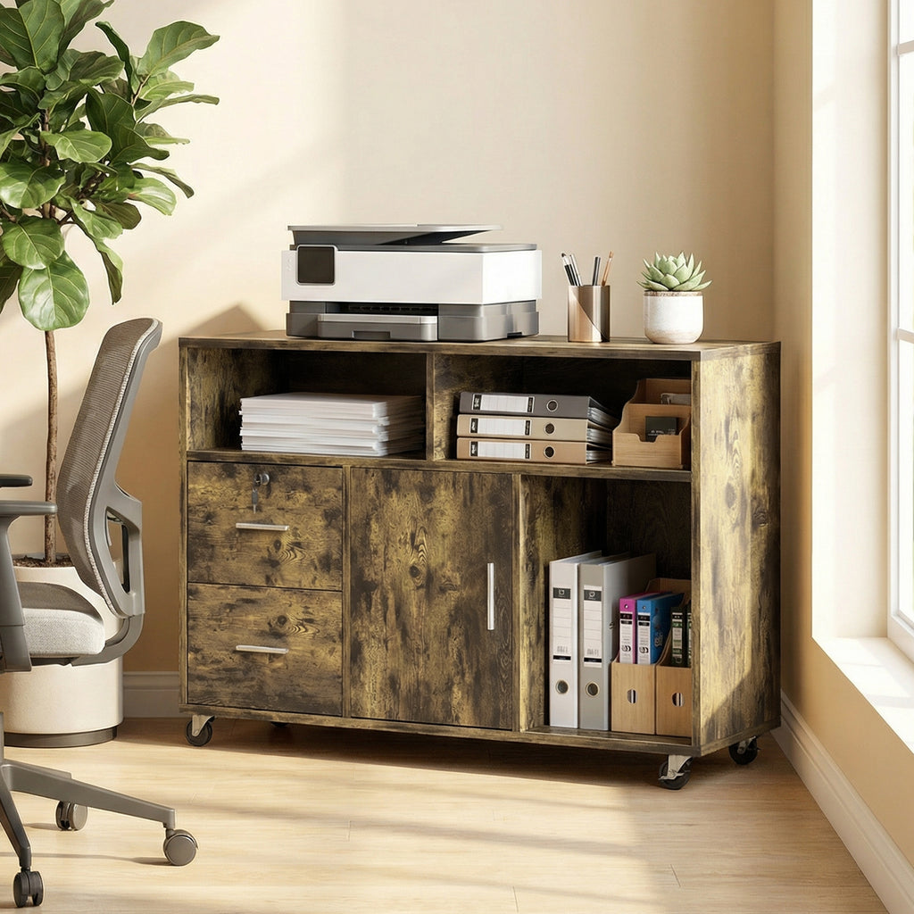 HOMCOM Wooden Printer Stand with Wheels, 2 Drawers, 3 Shelves, and 2 Cabinets, 100x35x65 cm, Brown