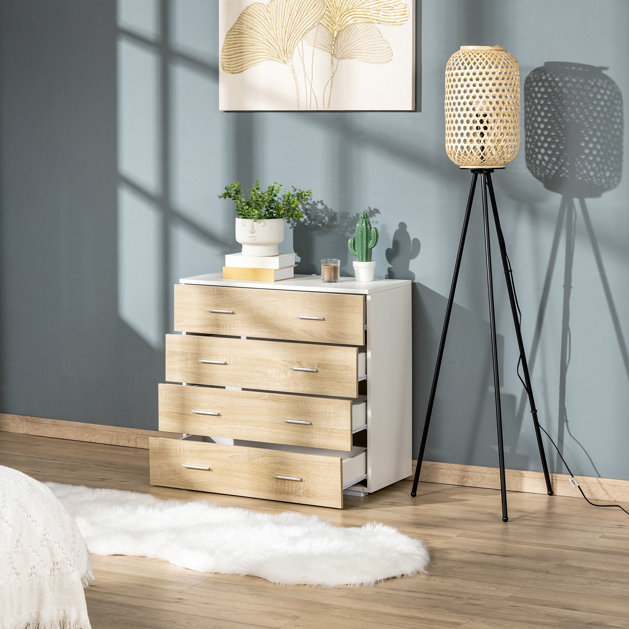 Chest of 4 Wooden Drawers and Aluminum Handles, 76x35x72cm, White and Oak