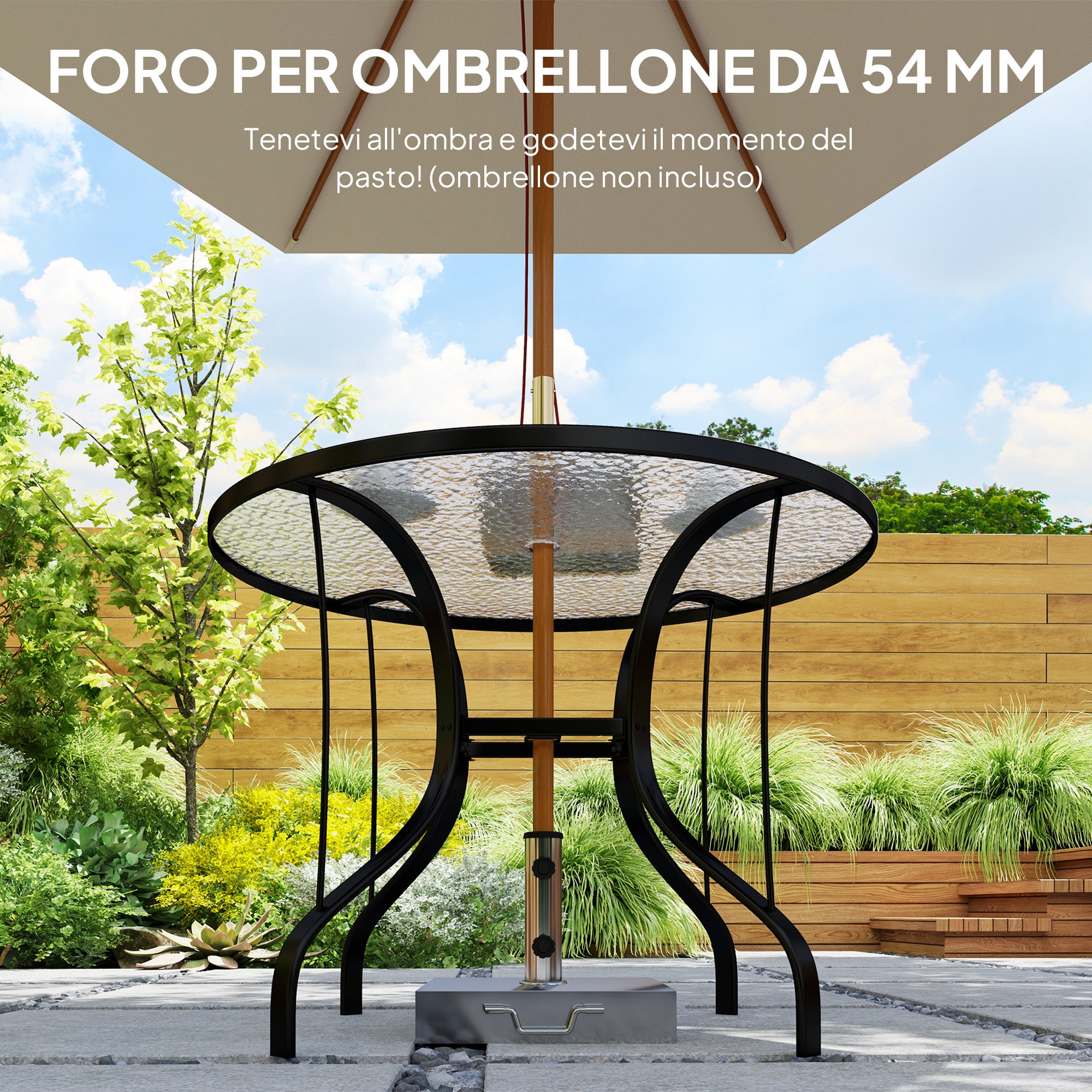 Round Garden Table with Umbrella Hole, in Metal and Tempered Glass, Ø96.5x71 cm, Black