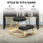 Kneeling Chair with Rocking Movement, in Linen Effect Fabric and Birch Wood, 50x73x55 cm, Black