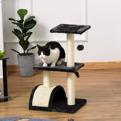 3-Tier Cat Tree with Arched Scratching Mat, Made of Wood, Plush and Sisal, 40x35x72 cm, Grey