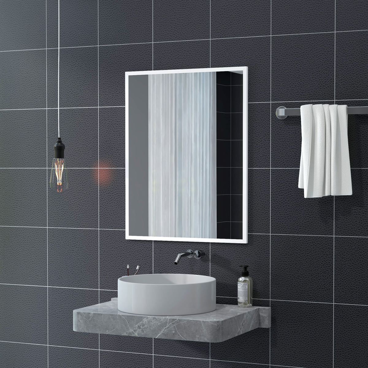 HOMCOM Rectangular Wall-Mounted Bathroom Mirror with Hooks, Glass and MDF Bedroom Mirror, 70x90 cm, White