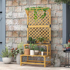 Outsunny Planter with Trellis for Climbing Plants, 2 Shelves and Top Bar, in Fir Wood, 75x50x166 cm, Yellow