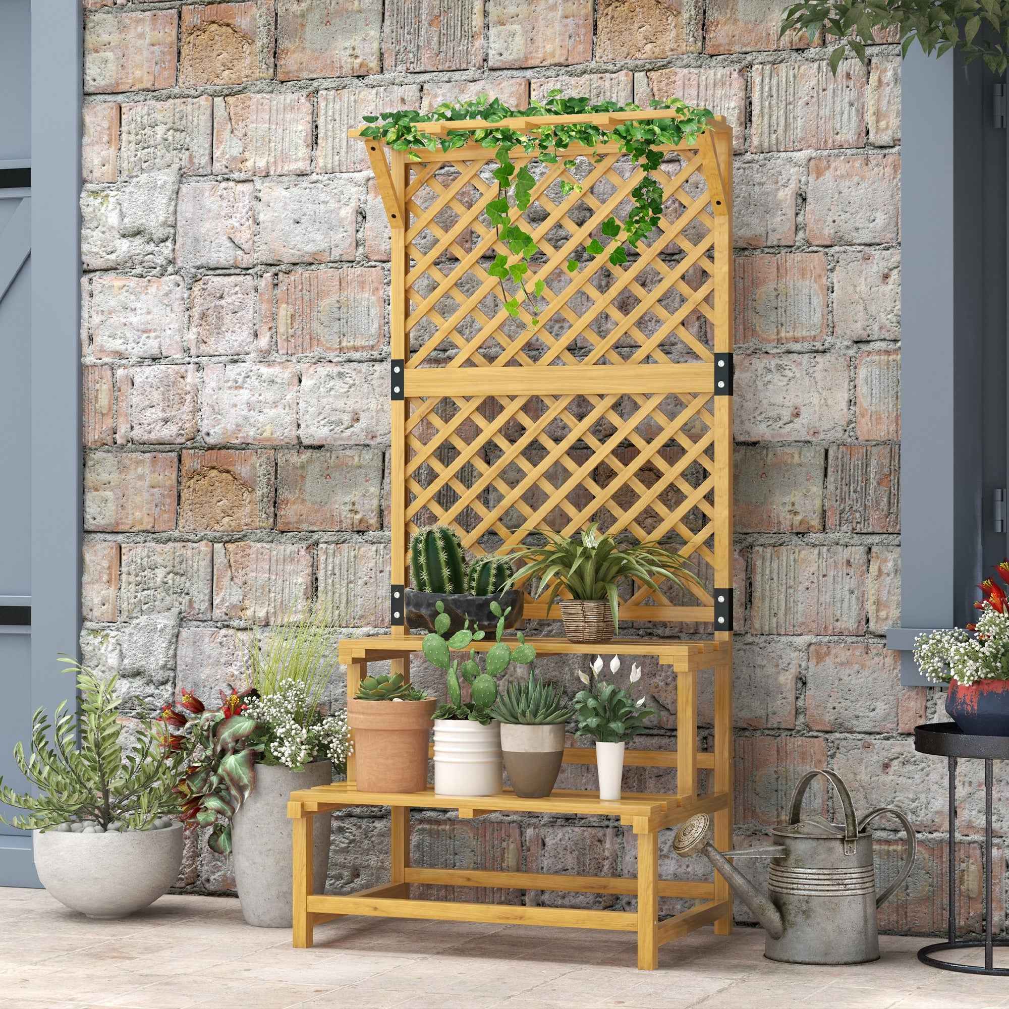 Outsunny Planter with Trellis for Climbing Plants, 2 Shelves and Top Bar, in Fir Wood, 75x50x166 cm, Yellow