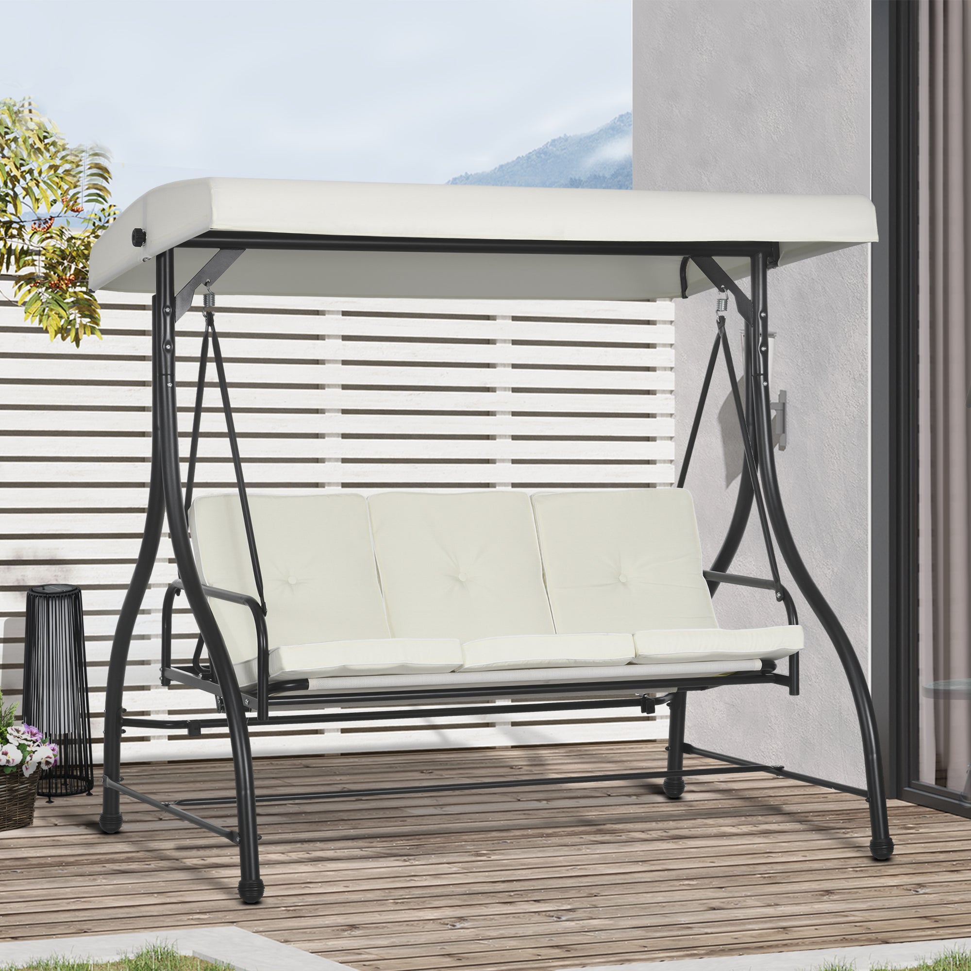 Outsunny Outusunny Swinging 3-Seater Garden Bed with Adjustable Canopy, in Steel and Polyester, 195x117x175 cm, Cream and Black - Borgè
