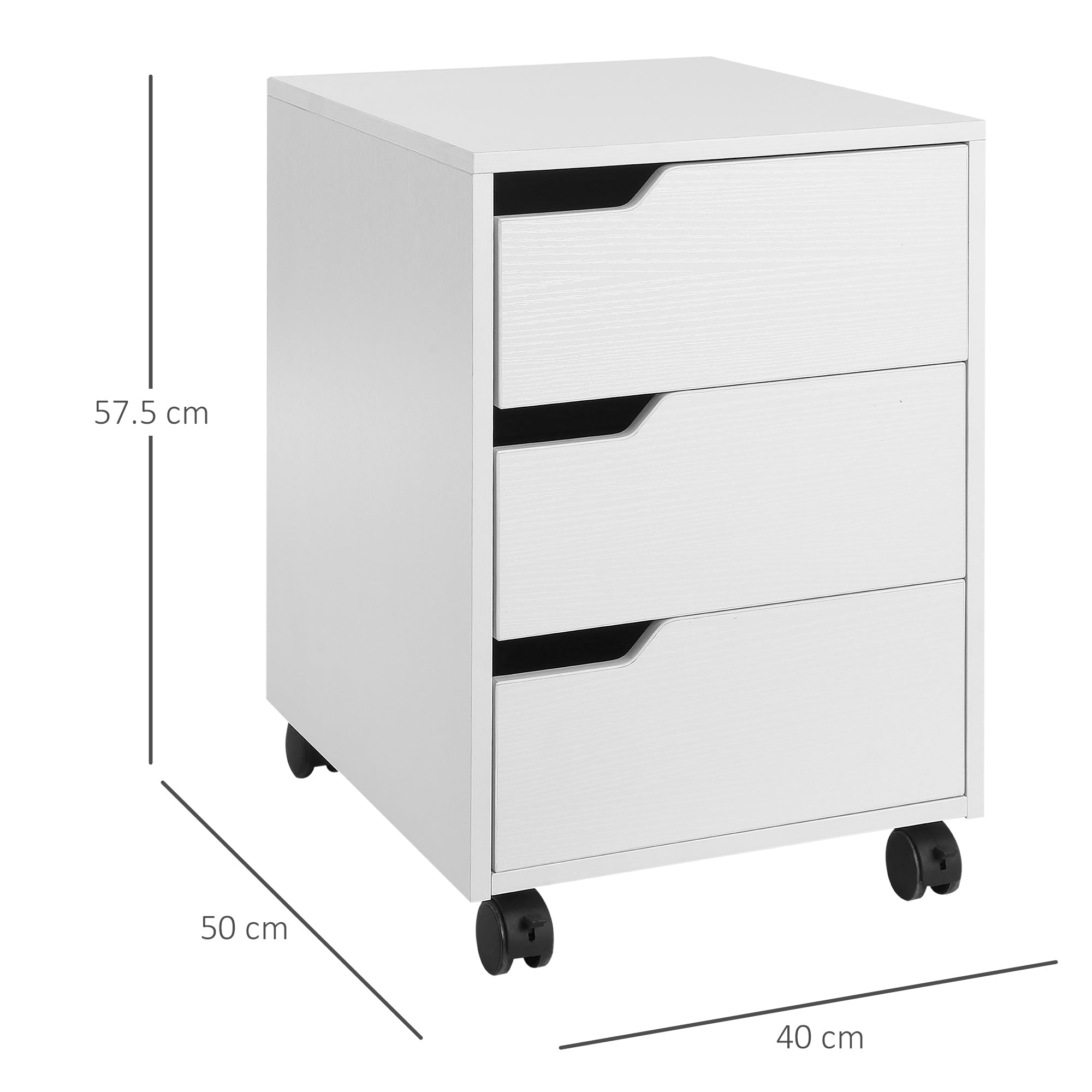 3 Drawer Office Chest with Retractable Handles, Wood and Metal, 40x50x57.5 cm, White