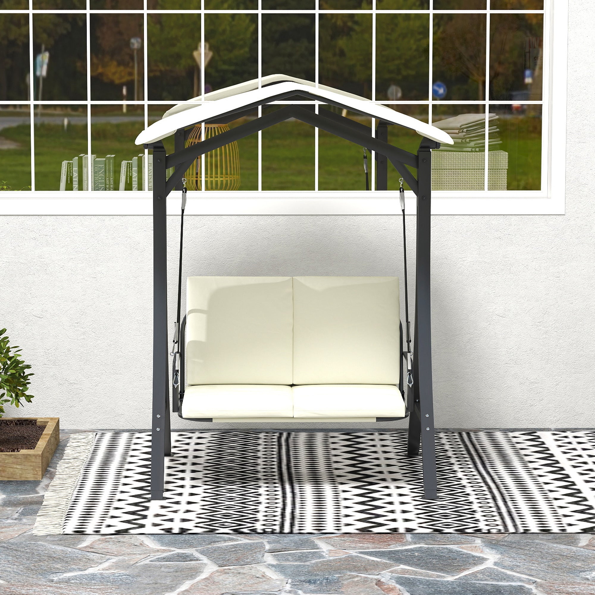 2 Seater Garden Swing with Adjustable Canopy and Cushions, 150x120x182 cm, Cream