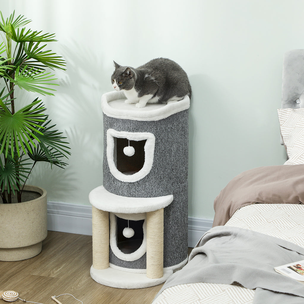 Cat Scratching Tree, 76 cm Tall, with Houses, Bed, Balls and Sisal Posts, Grey