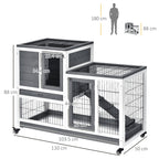 Wooden Rabbit Hutch with Wheels, Removable Trays and House with Ramp, 110x50x88 cm, Grey and White