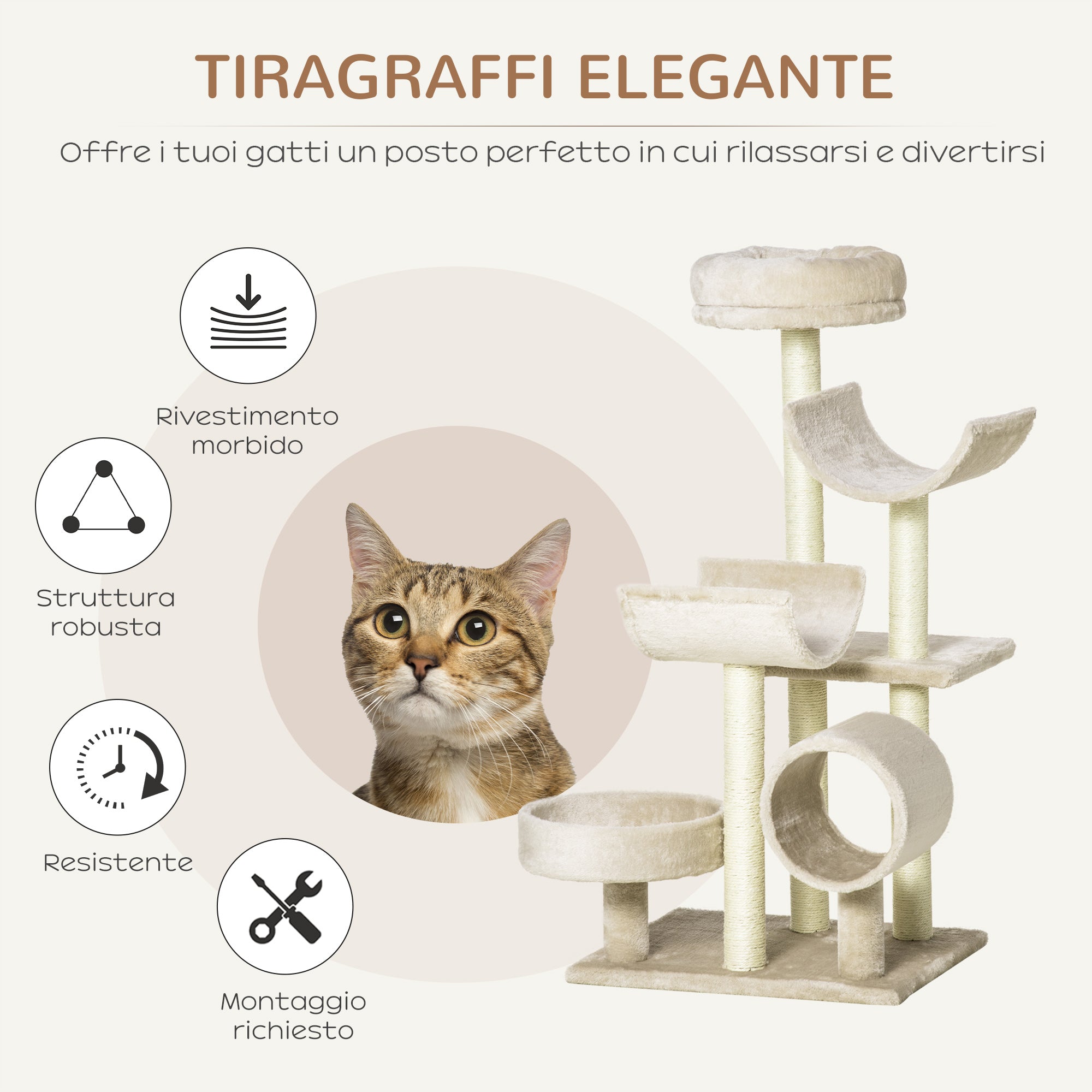 Cat Tree Toy with Different Platforms in Natural Sisal, Height 105cm, Cream