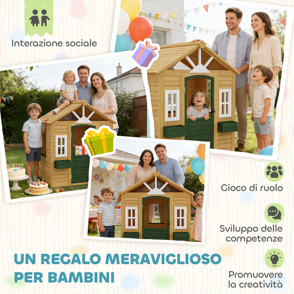 AIYAPLAY Children's Garden Playhouse Made of Fir Wood with Windows, 2 Planters, Door and Roof, Ages 3-8, Brown