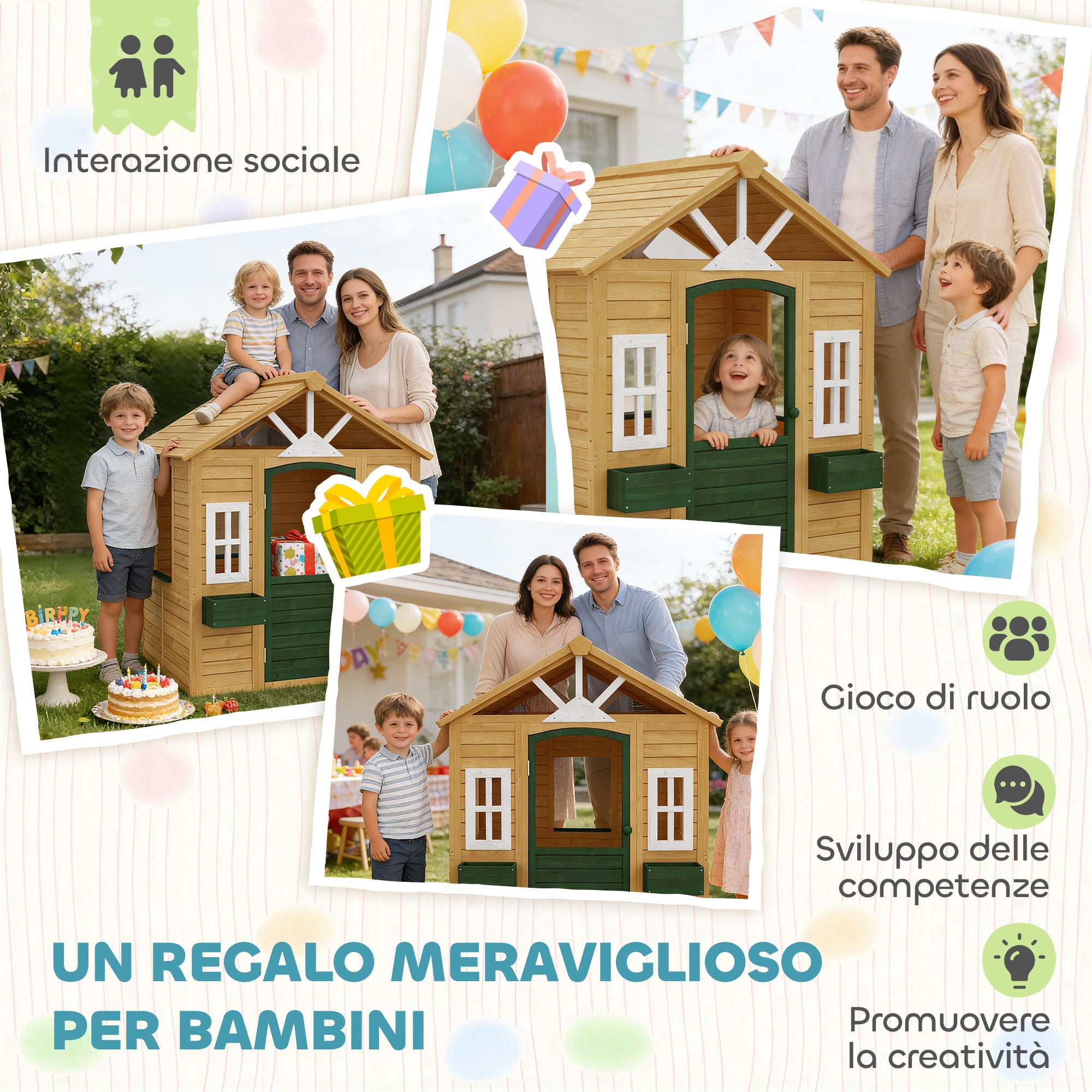 AIYAPLAY Children's Garden Playhouse Made of Fir Wood with Windows, 2 Planters, Door and Roof, Ages 3-8, Brown