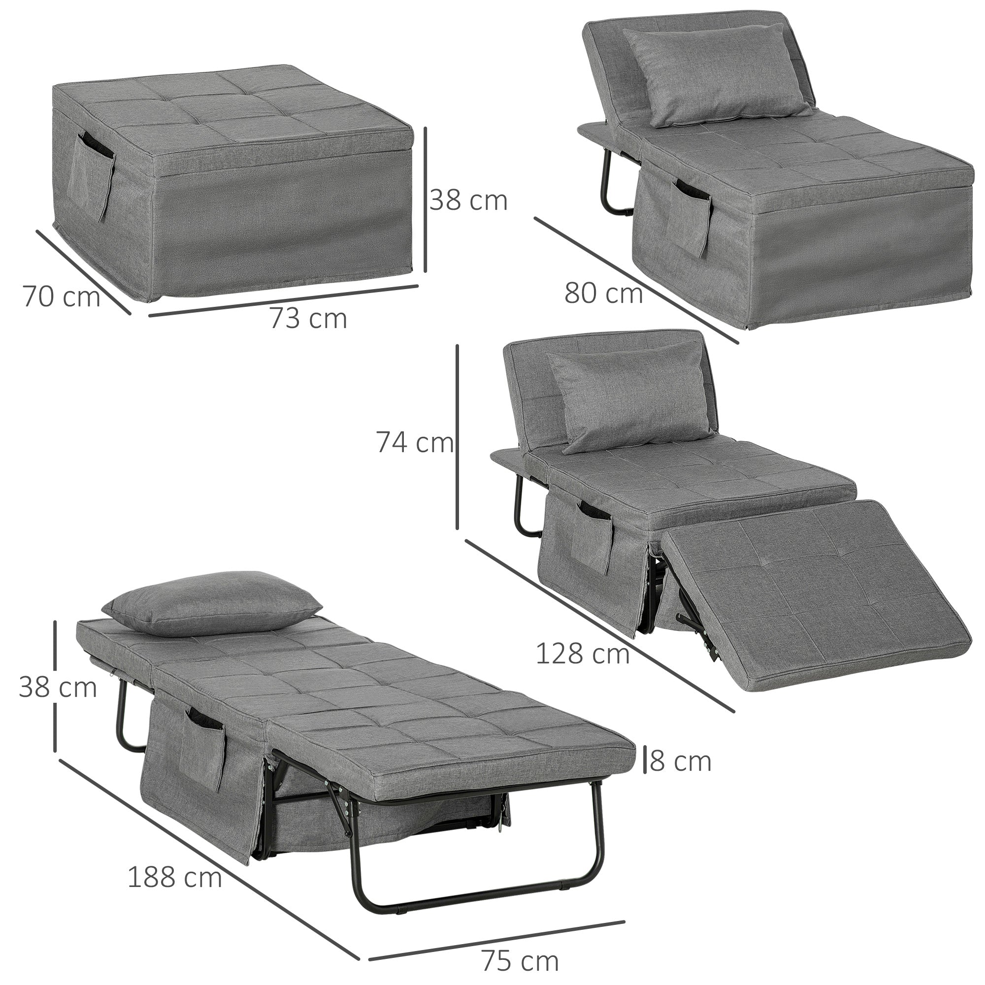 Ottoman 4 in 1 Multipurpose Folding Ottoman and single Bed with 5 Level Reclining Backrest, Grey - Borgè