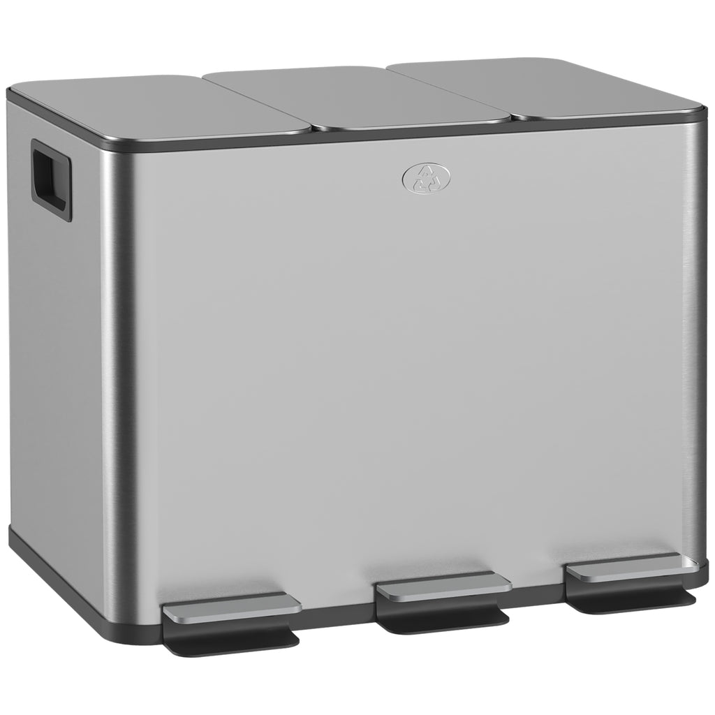 TRES - 20L 3-Section Dustbin with Silent Closure, Stainless Steel and PP, 61.9x36. 6x56. 7 cm