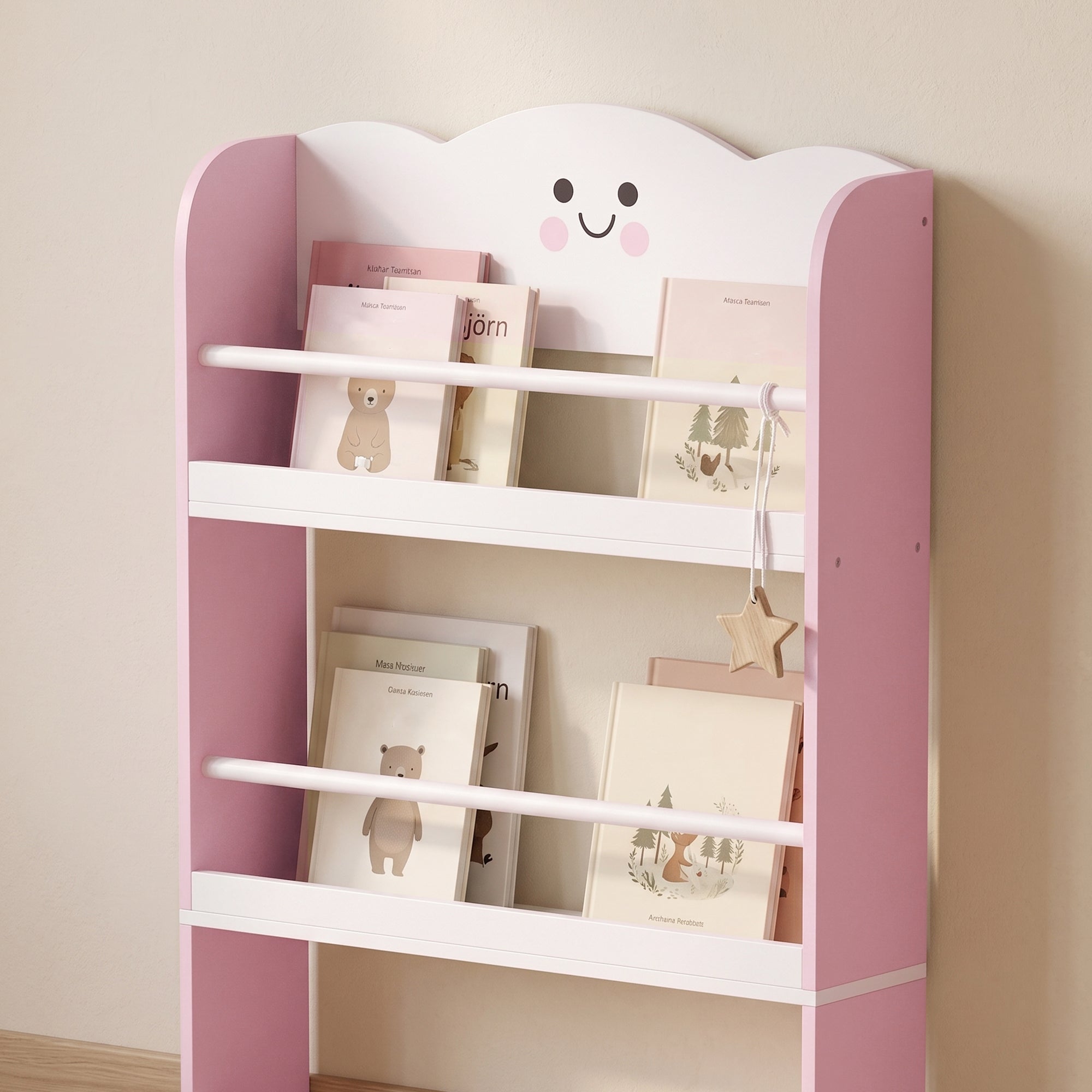 AIYAPLAY Montessori Bookshelf for Children Ages 3-6 with Cotton Candy Theme, 4 Wooden Shelves, for Children's Bedroom, Pink