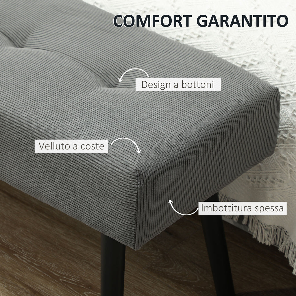 Quilted Bed End Bench in Corduroy Effect Fabric and Steel, 100x36x45 cm, Grey