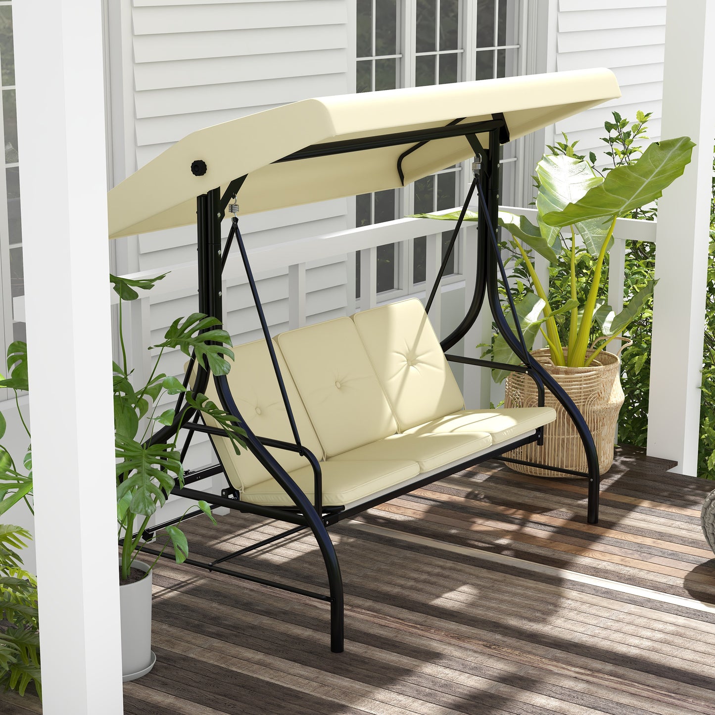 3 -seater garden rocking outsunny with adjustable roof, in metal and teslin fabric, beige and black - Borgè