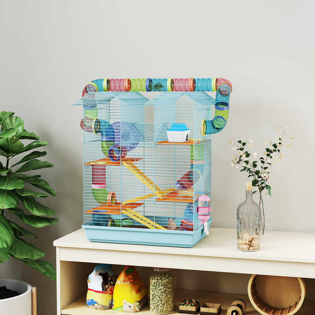 5-Story Hamster Cage with Colorful Tubes, Wheel, House and Accessories, 47x30x59 cm, Blue