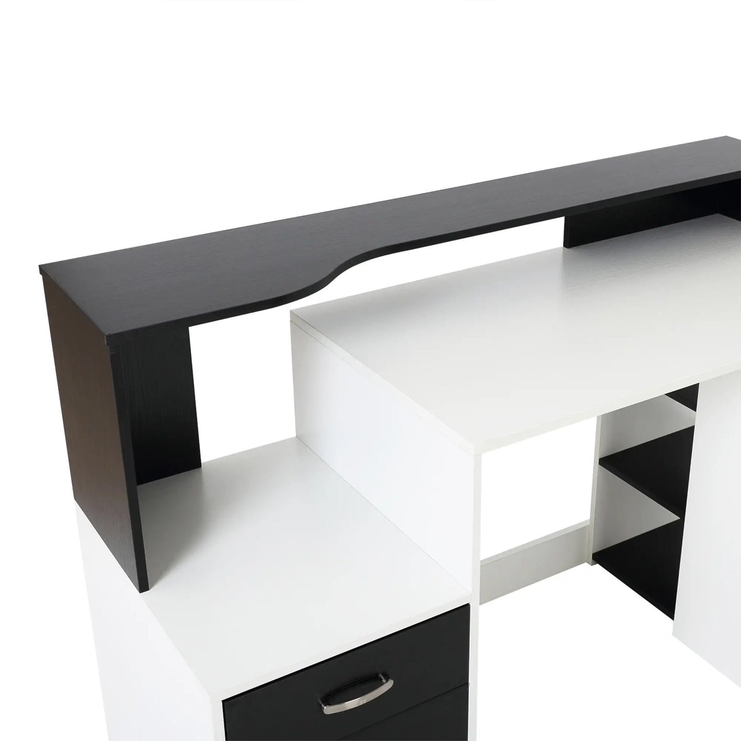 Office Desk with Printer Shelf, 2 Drawers and 3 Shelves, in Black and White MDF, 137 x 55 x 92cm