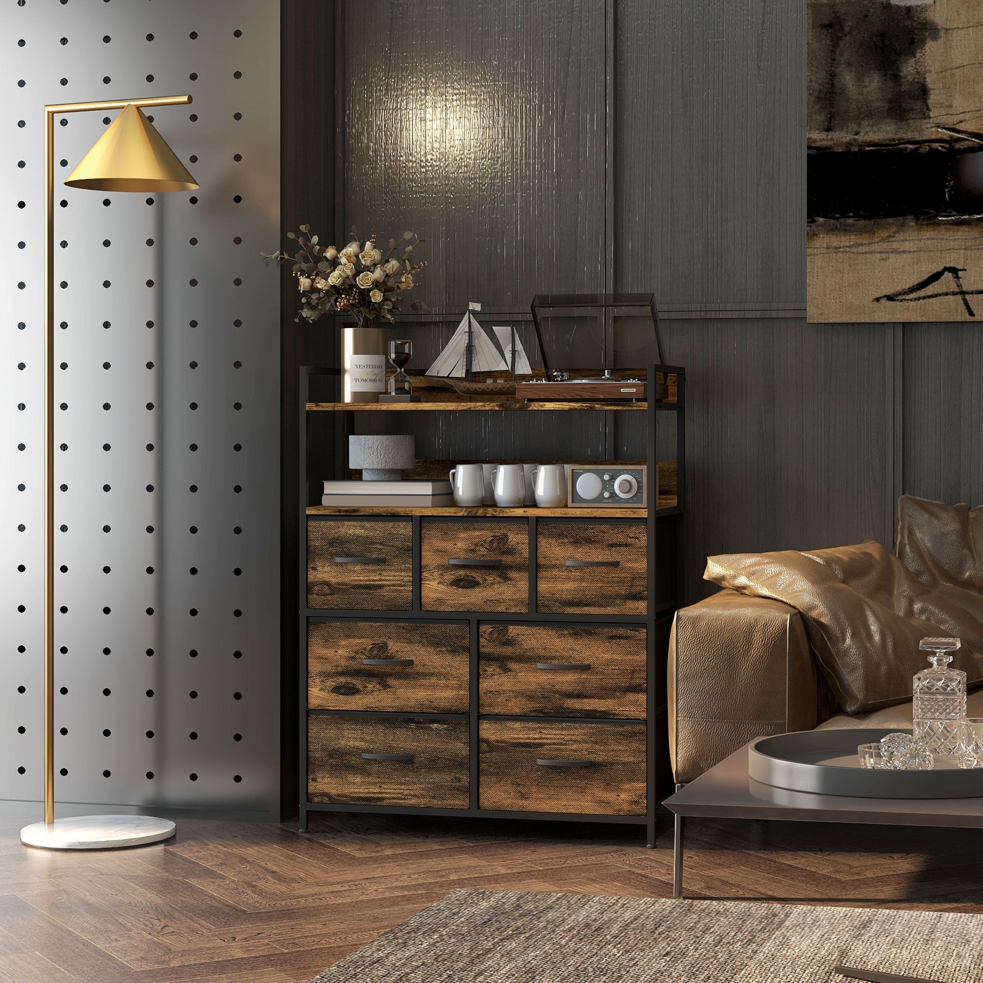 Chest of Drawers 7 Removable Drawers with 2 Shelves Industrial in Wood and Steel, 79x29x101 cm, Brown and Black