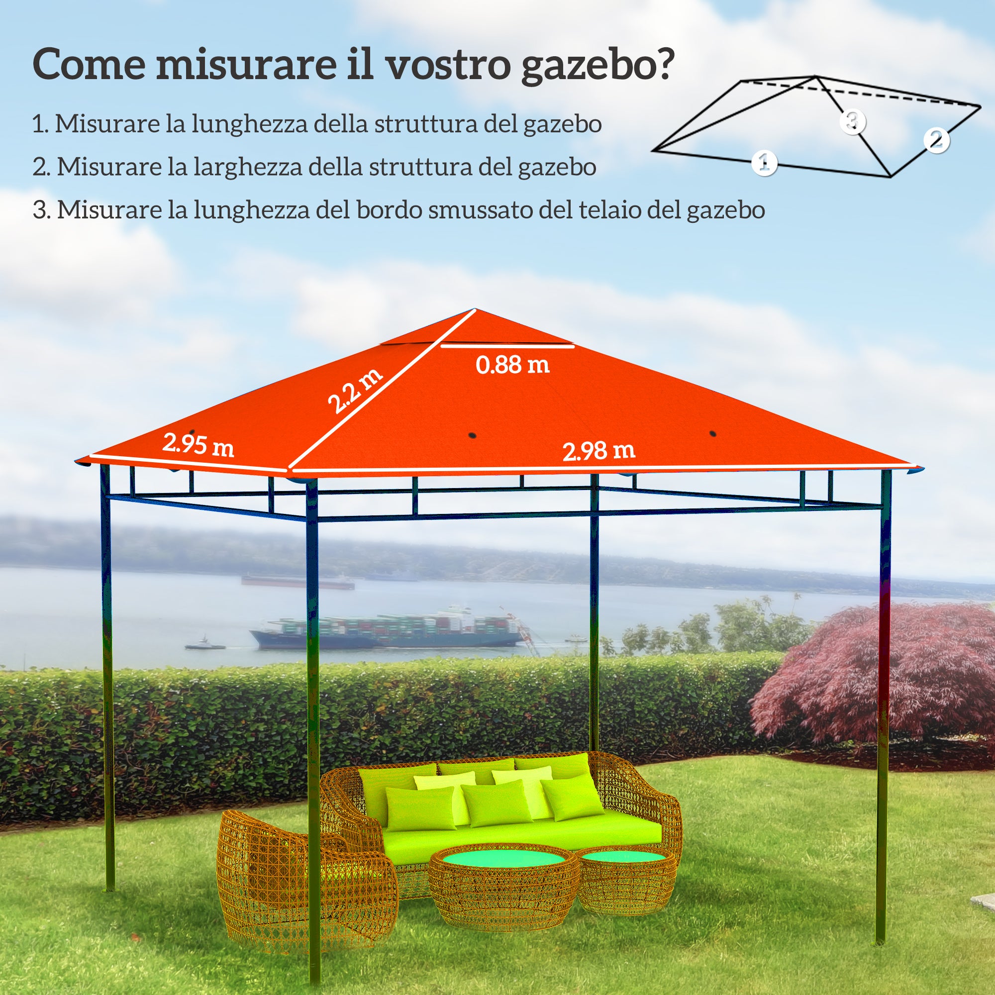 Outsunny 3x3m Orange Replacement Roof for Garden Gazebo in Polyester with Ventilation Holes