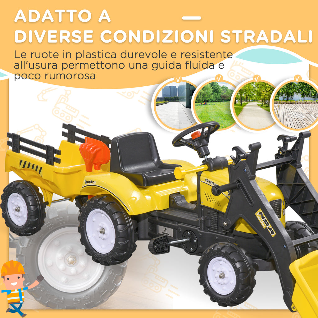 Pedal Excavator for Kids from 3 Years with Front Loader, Trailer and 6 Wheels, Yellow