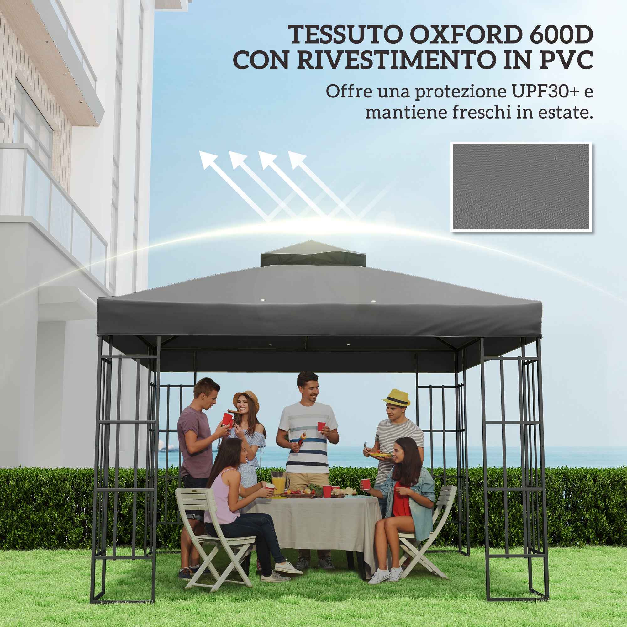 Outsunny 3x3m UPF30+ 2-Tier Dark Grey Polyester Garden Gazebo Cover