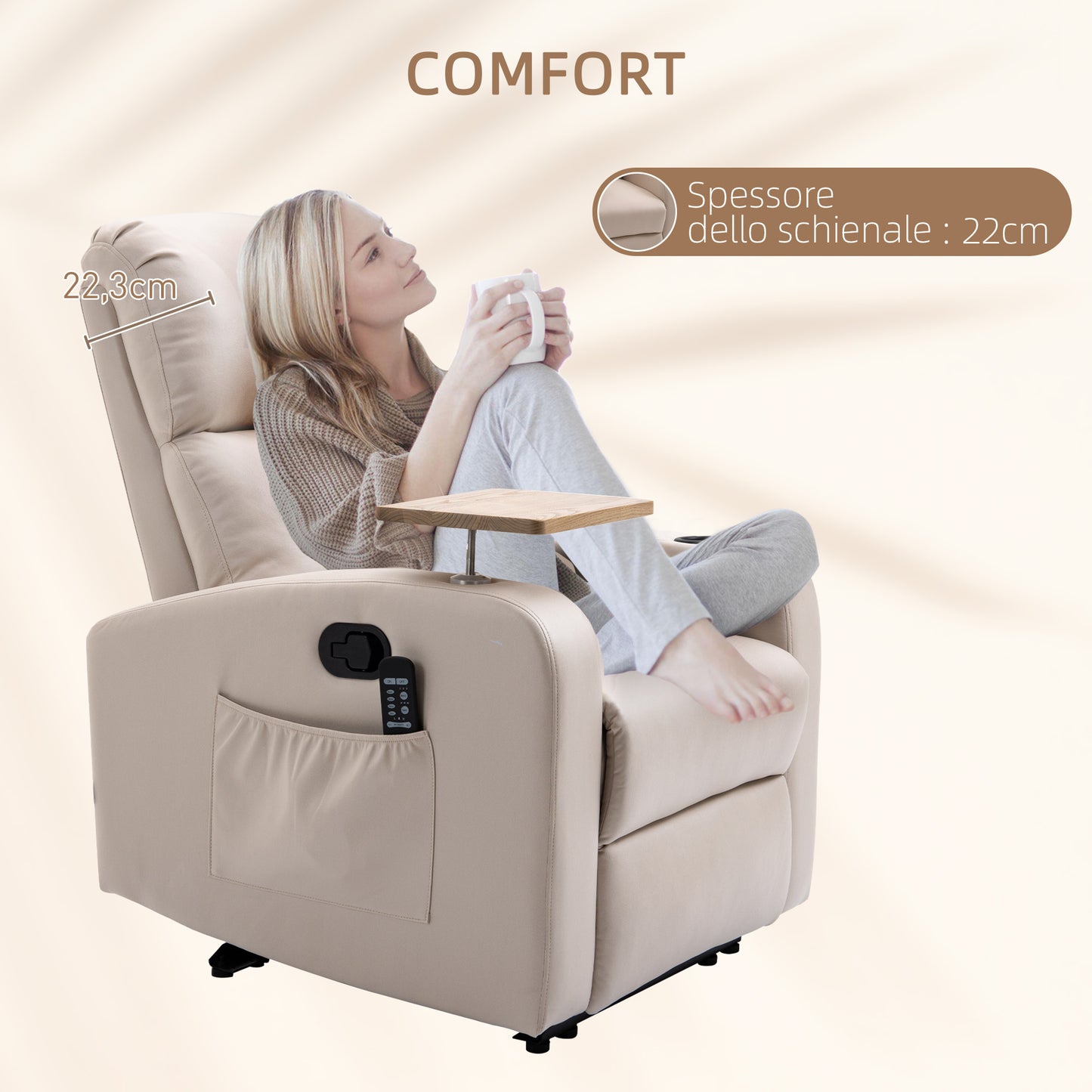 Massage Recliner Chair with Footrest and Remote Control, Microfiber, 77x93x105 cm, Beige