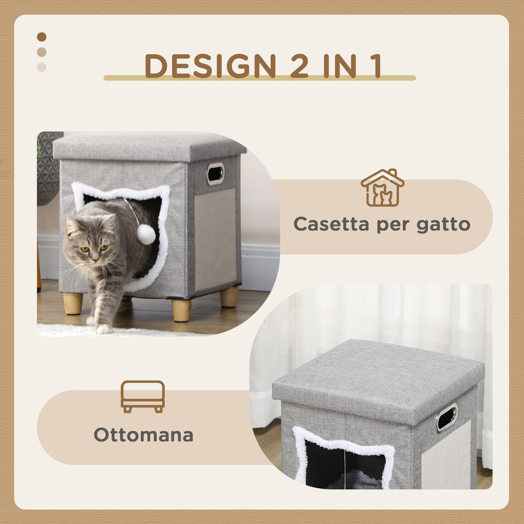 Cat House with Scratching Post, Cushion and Ball, Made of Wood and Polyester, 35.5x35.5x42.5 cm, Cream and Grey
