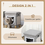 Cat House with Scratching Post, Cushion and Ball, Made of Wood and Polyester, 35.5x35.5x42.5 cm, Cream and Grey
