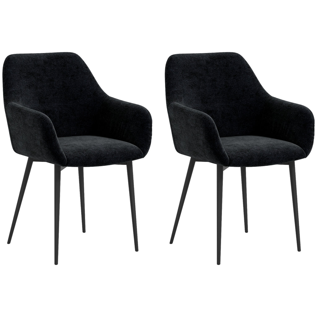 Set of 2 Modern Dining Chairs with Armrests, Padded Seat and Steel Legs, 54x57x80cm, Black