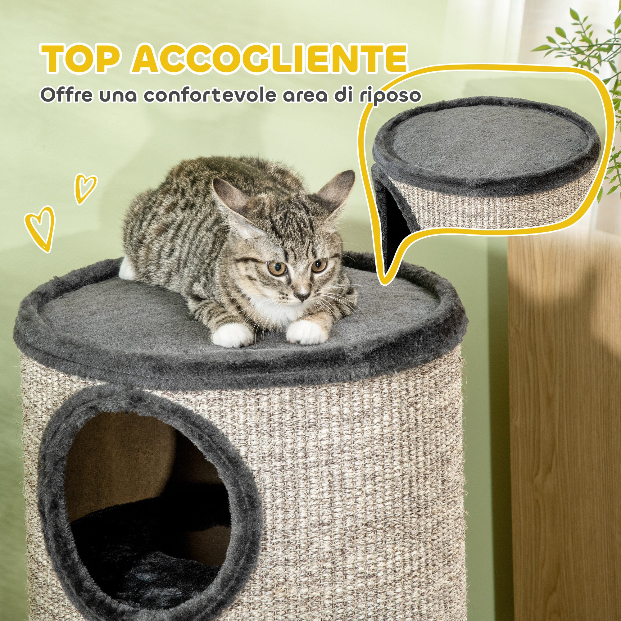 3-Tier Cat House with Sisal Scratching Post and Plush, Ø38x70cm, Grey