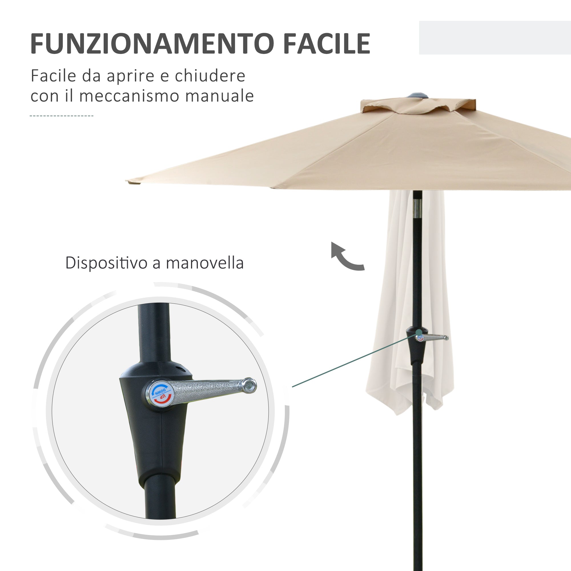 Tilting Garden Umbrella 2.3x2m with Crank Opening and 6 Ribs, Khaki - Borgè