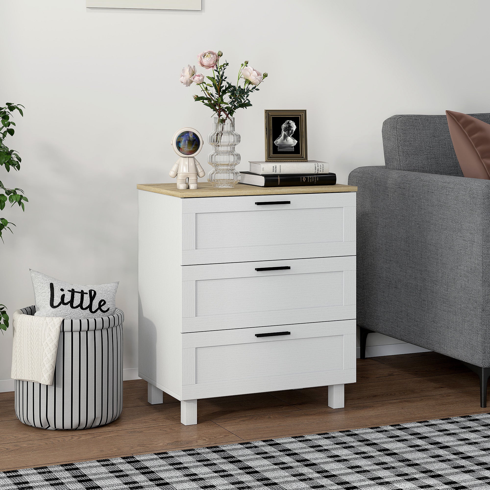 Modern 3-Drawer Wooden Chest of Drawers, 60x38x71 cm, White and Wood Color