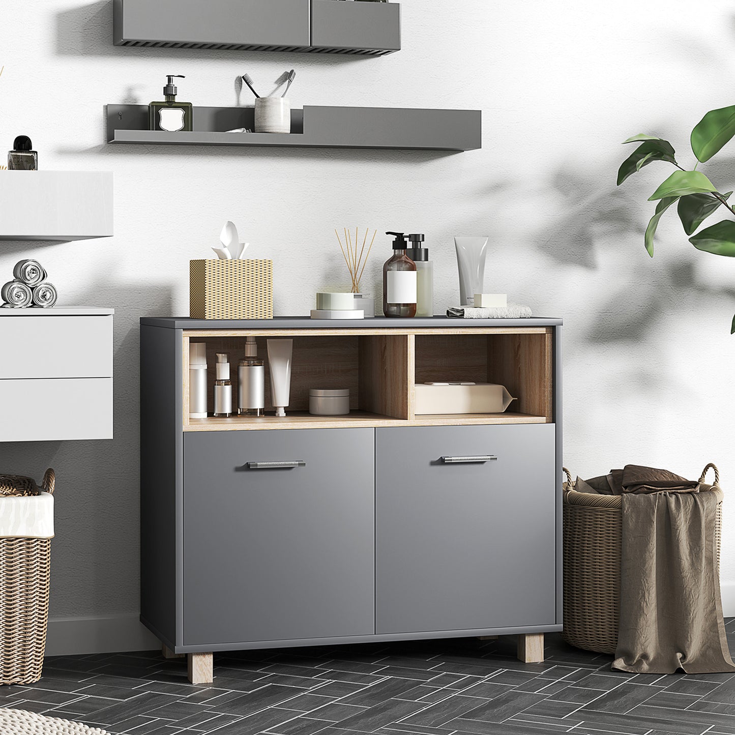 Modern Bathroom Cabinet with Open Compartments and 2-Door Cabinet, 80x35x70 cm, Grey