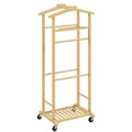HOMCOM 4-in-1 Bamboo Valet Stand with Wheels, 2 Rods, Empty Pocket Tray and Shoe Shelf, 47 x 33.7 x 105.5 cm
