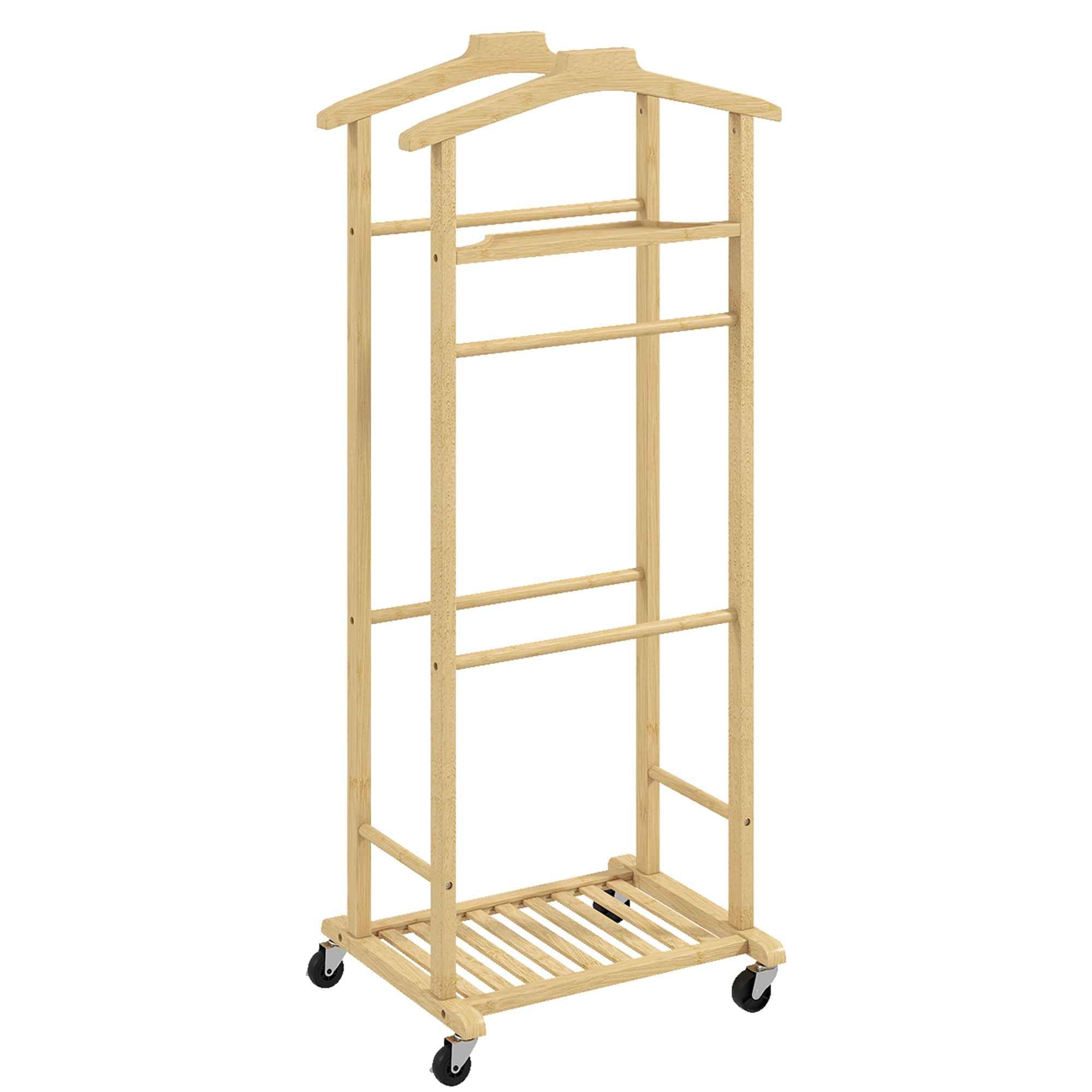 HOMCOM 4-in-1 Bamboo Valet Stand with Wheels, 2 Rods, Empty Pocket Tray and Shoe Shelf, 47 x 33.7 x 105.5 cm