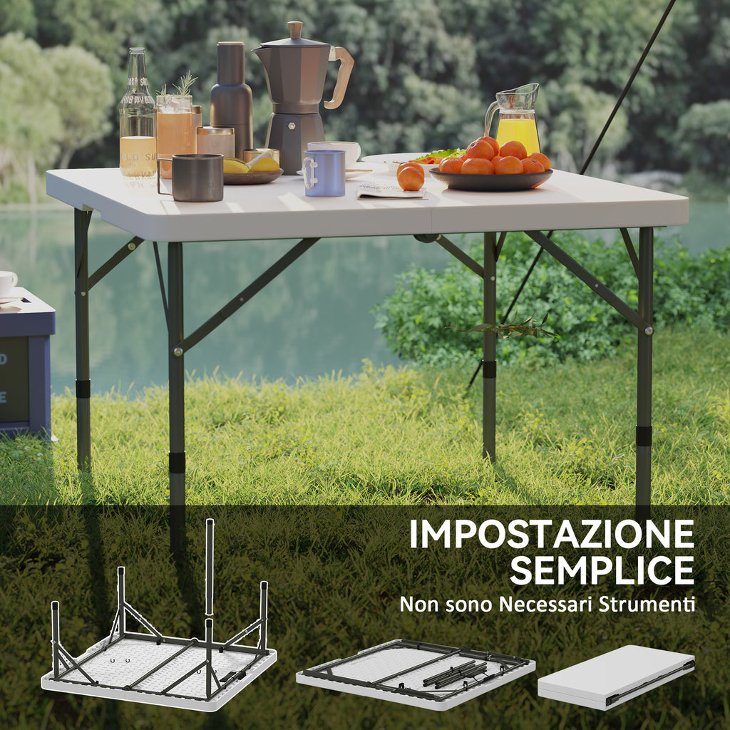 Folding Camping Table with 2 Adjustable Heights in HDPE and Metal, 86x86x74 cm, White
