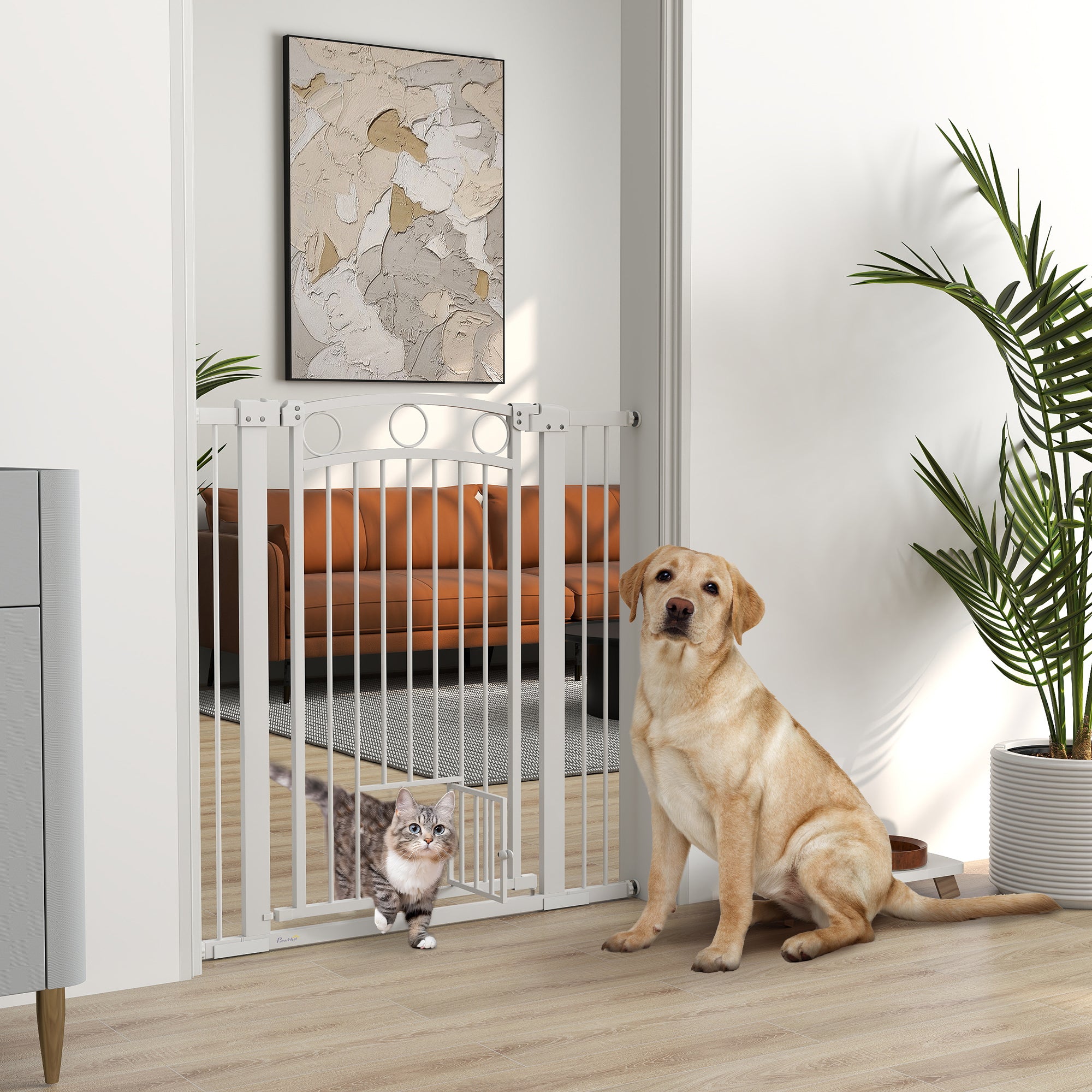 Adjustable Dog Gate 76-104 cm, 106 cm High Gate with 2 Extensions, White