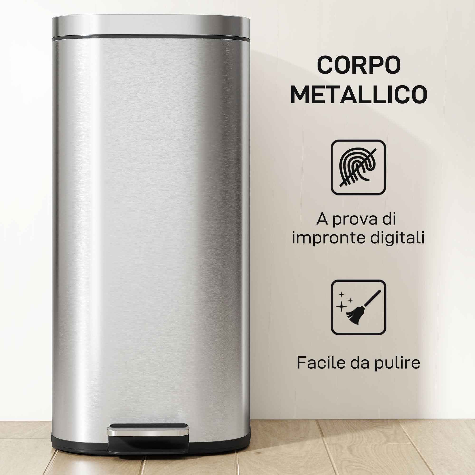 HOMCOM 30L Pedal Bin with Removable Bucket, Metal and PP, 29x36x59.5 cm, Silver