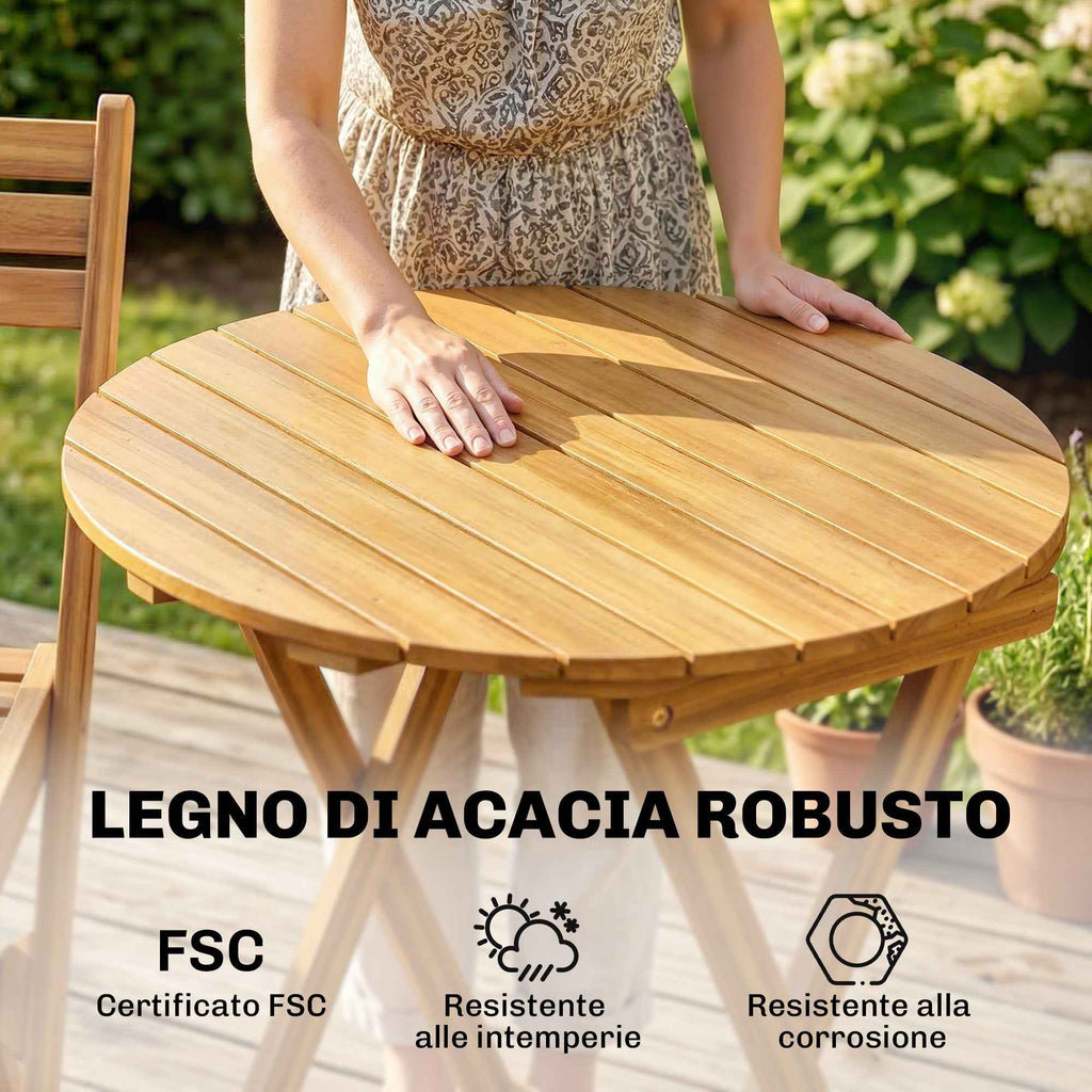 Outsunny Outdoor Bistro Set: 2 Folding Chairs and Round Table, Natural Wood.