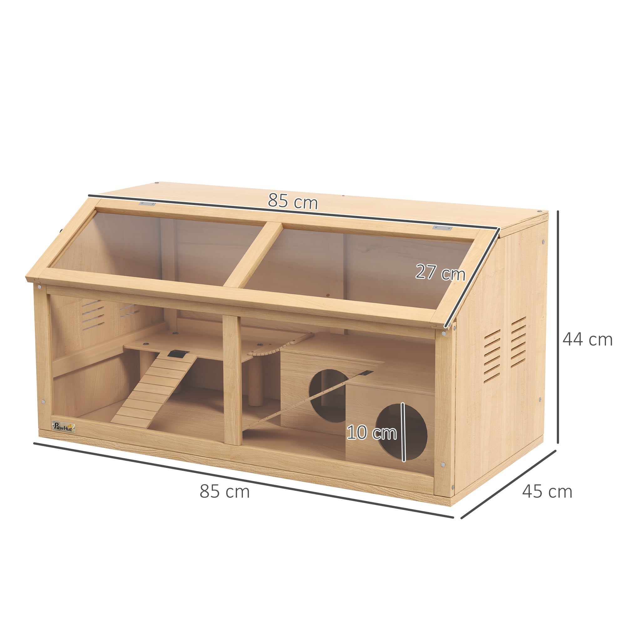 Hamster Cage with Platform, Ladders, Hut and Bridge, in Fir Wood, 85x45x44 cm - Borgè