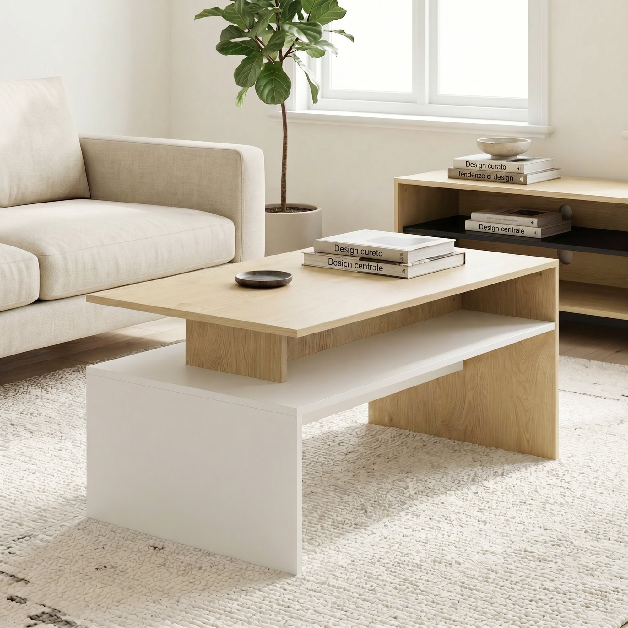 HOMCOM Two-Tone Coffee Table with Asymmetrical Shelf, 95x55x50 cm, Natural Wood and White