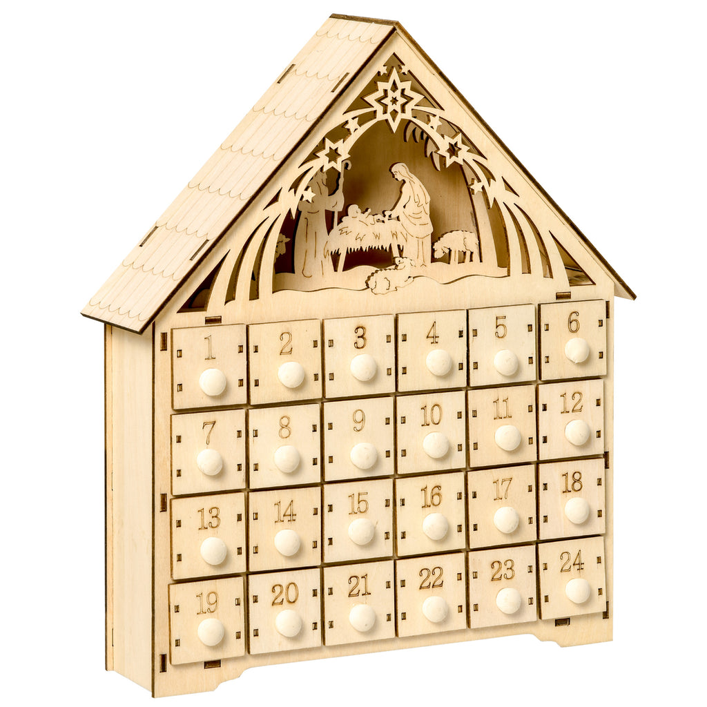 Wooden Advent Calendar with 24 Drawers, Christmas Decoration with Carved Nativity Scene and Lights, 26.6x6x30cm