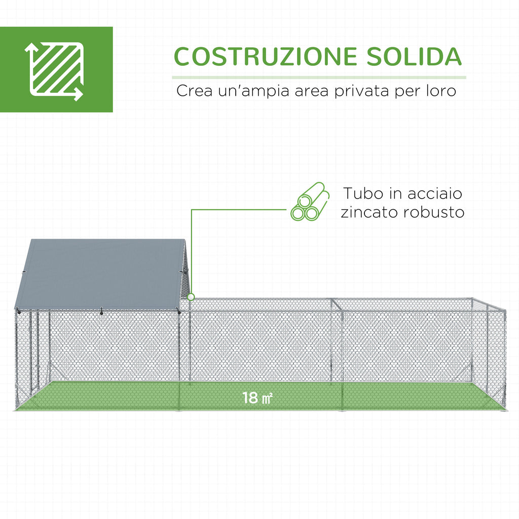 Garden Chicken Coop for 15-18 Chickens in Galvanized Steel and PE with Roof and Lock, 600x300x195 cm